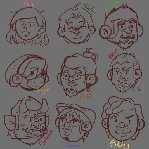 Sketch of all my OCs, from left to right Ellie, Faëlnir, Urghash, Jyuu, Alex (me), Akirô, Fjellsmedn, Ronnie and Bobbie !